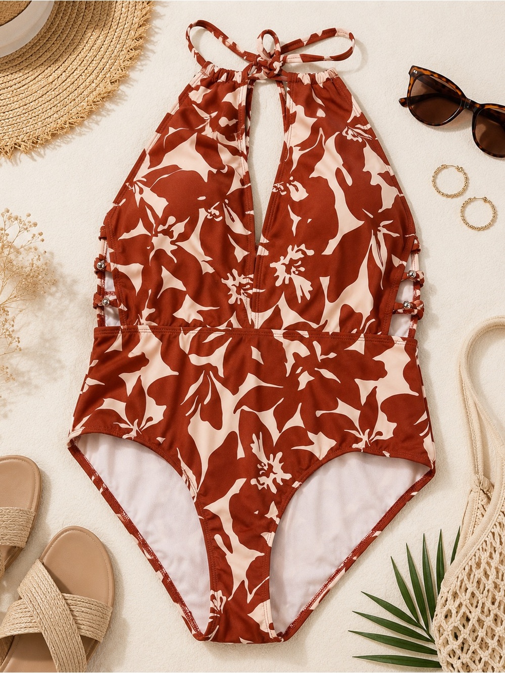 NWT Time and Tru Floral Halter One Piece Swimsuit L 12–14